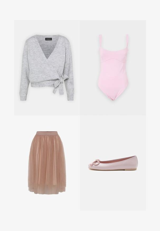 Suéter gris de punto con escote en V, mangas largas y un lazo ajustable en la cintura. Fabricado en un material de punto suave con una textura sutil.; Good American TANK - Top - flora; Falda de tul en un suave color nude con una cinturilla elástica ajustada, que presenta una tela ligera y transparente en capas y una textura suave.; Bailarina plana de charol rosa claro con puntera redondeada, lazo de cordón trenzado en la parte delantera y suela baja beige sobre fondo blanco.