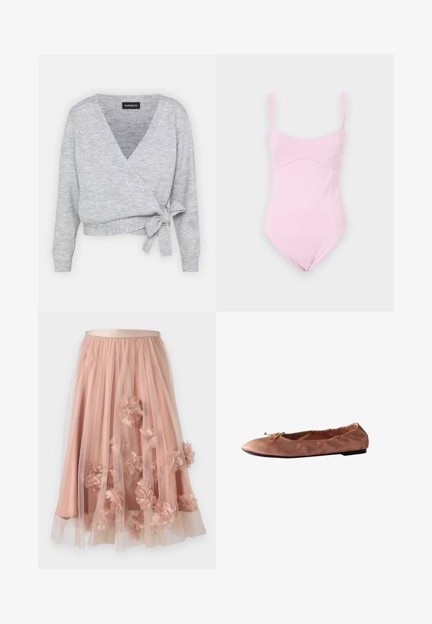 Grijze wikkeltrui met een V-hals, lange mouwen en een verstelbare strik in de taille. Gemaakt van zacht breimateriaal met een subtiele textuur.; Good American TANK - Top - flora; Tule rok in zachtroze met een satijnen tailleband. Voorzien van gelaagde doorschijnende stof en driedimensionale bloemapplicaties verspreid over het geheel.; Lichtbruine ballerina met een klein strikje aan de voorkant, elastische achterkant en dunne zwarte zool, zijaanzicht op een witte achtergrond.