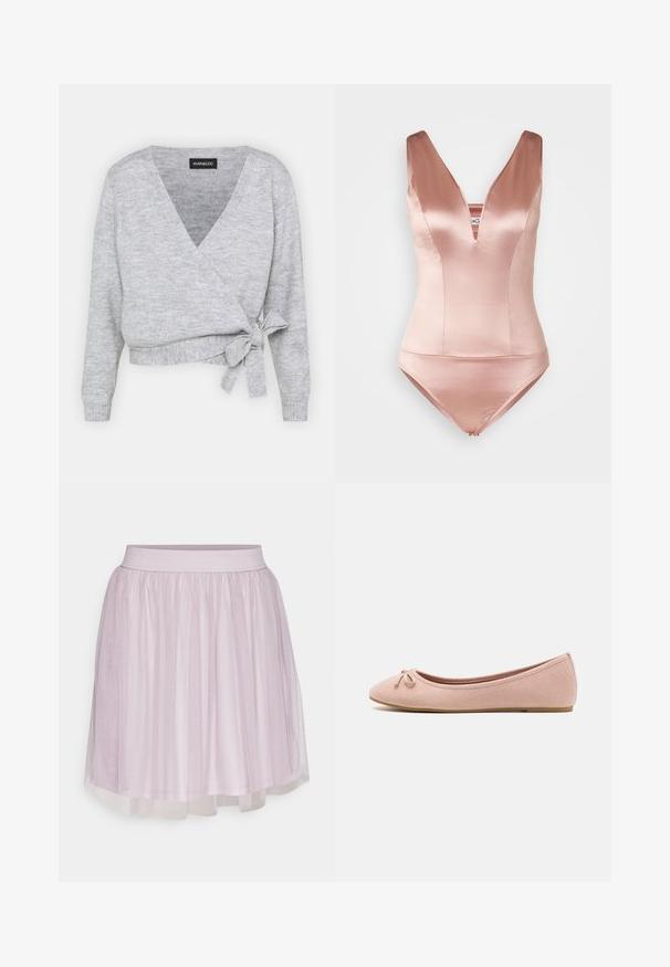 Cache-cœur gris avec un décolleté en V, des manches longues et un lien ajustable à la taille. Fabriqué en maille douce avec une texture subtile.; Maillot de bain en satin rose avec un décolleté en V profond et de larges bretelles. Comprend un corsage ajusté et une culotte courte. Texture lisse.; VILA VIDOLL SKIRT - Minijupe - nirvana; Des ballerines en suede rose doux avec un bout arrondi et un petit nœud sur le devant, dotées d'une semelle plate basse.