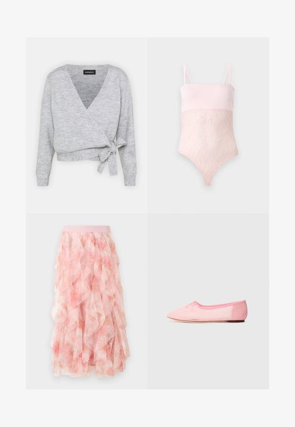 Suéter gris de punto con escote en V, mangas largas y un lazo ajustable en la cintura. Fabricado en un material de punto suave con una textura sutil.; Body de encaje rosa claro con tirantes finos y una parte superior lisa sobre un fondo liso y claro.; Falda midi de tul en capas rosa con patrón floral y cintura elástica, con texturas suaves y volantes.; Bailarina rosa hecha de tejido suave, con punta afilada y un pequeño lazo en la parte superior, además de una suela baja y flexible.