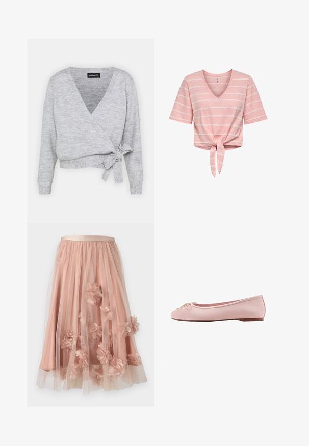 Cache-cœur gris avec un décolleté en V, des manches longues et un lien ajustable à la taille. Fabriqué en maille douce avec une texture subtile.; T-shirt rose à manches courtes avec col en V, rayures blanches horizontales et nœud noué devant à l'ourlet.; Jupe en tulle rose pâle avec une ceinture en satin. Comprend plusieurs couches de tissu transparent et des appliqués floraux en trois dimensions sur toute la surface.; Ballerine plate en cuir rose clair avec un petit nœud et un détail doré sur l'embout arrondi, semelle plate marron.