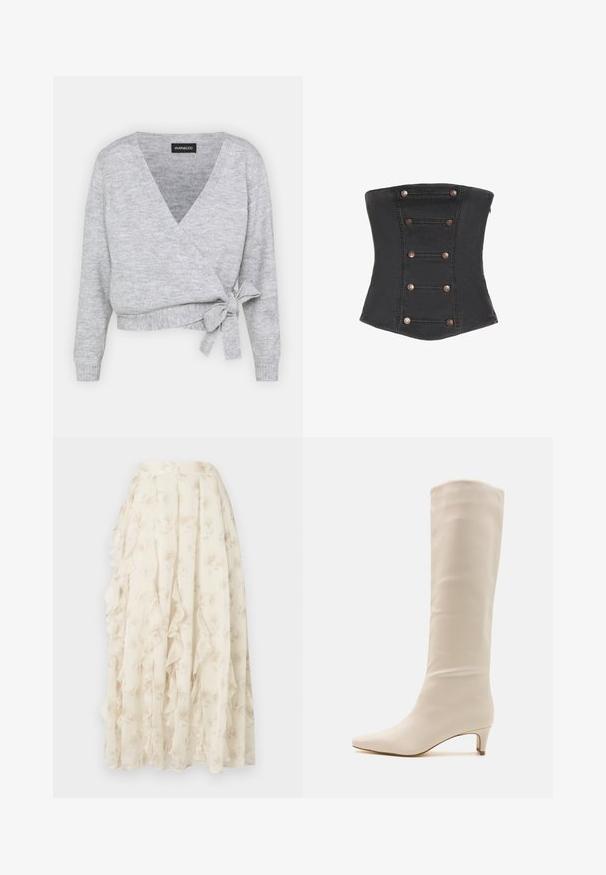 Cache-cœur gris avec un décolleté en V, des manches longues et un lien ajustable à la taille. Fabriqué en maille douce avec une texture subtile.; Corset noir sans bretelles avec six paires de boutons décoratifs en cuivre disposés verticalement à l'avant.; Longue jupe crème avec un motif floral subtil et des détails à volants en cascade, fabriquée en tissu léger et transparent.; RAID LAYLA - Bottes - off white