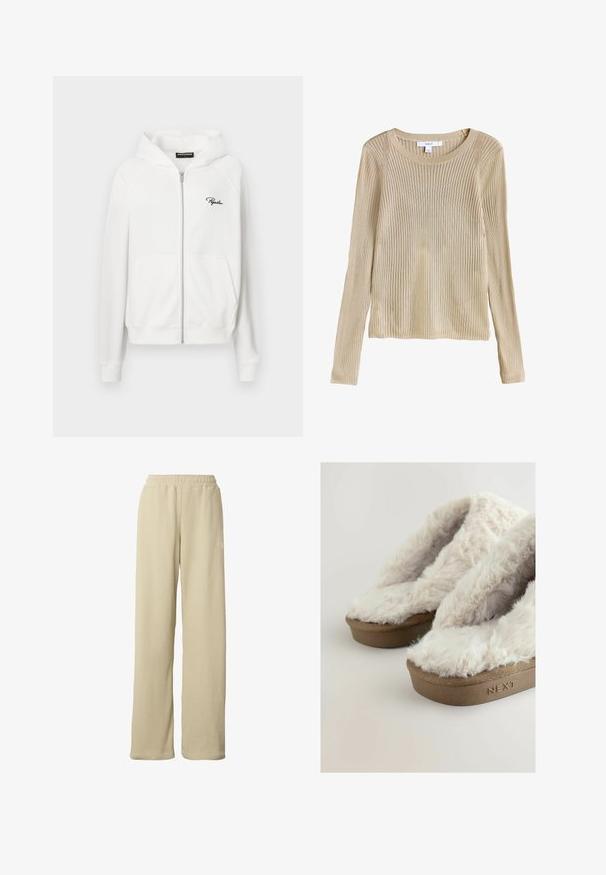 Hvid zip-up hoodie med ribbet tekstur, snoretræk i hætten og sidelommer. Har lille sort "P" logo på venstre bryst.; Beige ribstrikket langærmet sweater med rund halsudskæring og slim fit, vist fladt med synligt mærke ved kraven.; Beige ribstrikkede bukser med vidde ben, elastisk taljebånd og diskret lille hvidt logo på den øverste del af låret.; Brune platform tøfler med bløde, fluffy cremefarvede kunstpels-overdele, der viser mærkenavnet "NEXT" præget på sålen.