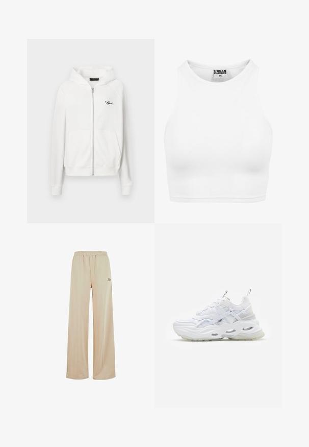 Witte zip-up hoodie met ribbeltextuur, trekkoordcapuchon en zijzakken. Bevat een klein zwart "P" logo op de linkerborst.; Witte geribde cropped tanktop met hoge halslijn en "Urban Classics XS" label aan de binnenkant van de kraag.; Beige wijde broek gemaakt van zacht materiaal, met een elastische tailleband en details in de zijnaad. Bevat subtiele logo borduurwerk.; Witte sneaker met een chunky zool, gelaagd mesh en synthetisch bovenwerk, voorzien van gemusterde accenten, vetersysteem en trekhaak.