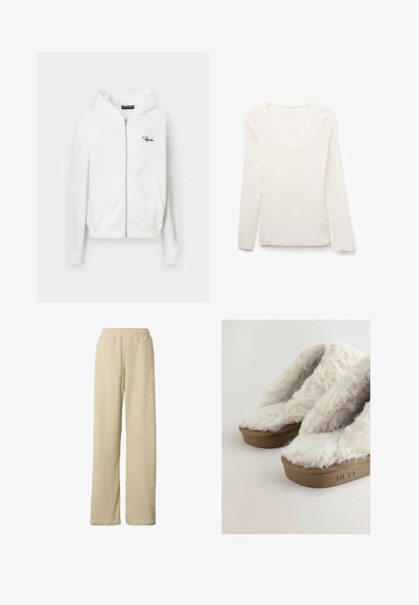 Witte zip-up hoodie met ribbeltextuur, trekkoordcapuchon en zijzakken. Bevat een klein zwart "P" logo op de linkerborst.; Wit T-shirt met lange mouwen en V-hals, slim fit, plat gelegd op een witte achtergrond.; Beige geribbelde wijde broek met elastische tailleband en subtiel klein wit logo op de bovenkant van de dij.; Bruine platformslippers met zachte, fluffige crèmekleurige nepbont bovenkant, met de merknaam "NEXT" in reliëf op de zijkant van de zool.