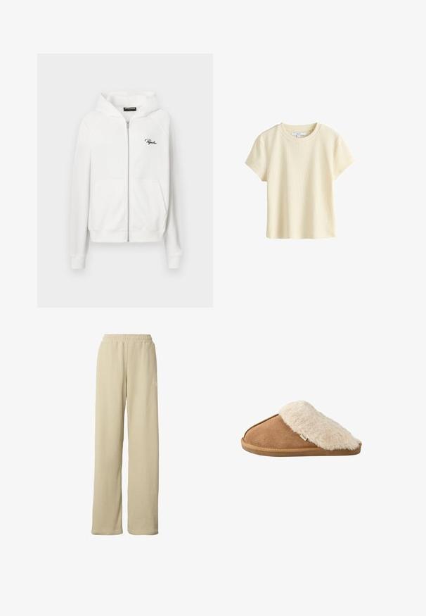 Witte zip-up hoodie met ribbeltextuur, trekkoordcapuchon en zijzakken. Bevat een klein zwart "P" logo op de linkerborst.; Kortemouwwit geribbeld crèmekleurig cropped top met ronde halslijn, weergegeven op een witte achtergrond, met een klein merklabel aan de binnenkant van de kraag.; Beige geribbelde wijde broek met elastische tailleband en subtiel klein wit logo op de bovenkant van de dij.; Bruine instapslipper met zachte beige nep bont voering en zool, zijkant gezien op witte achtergrond.