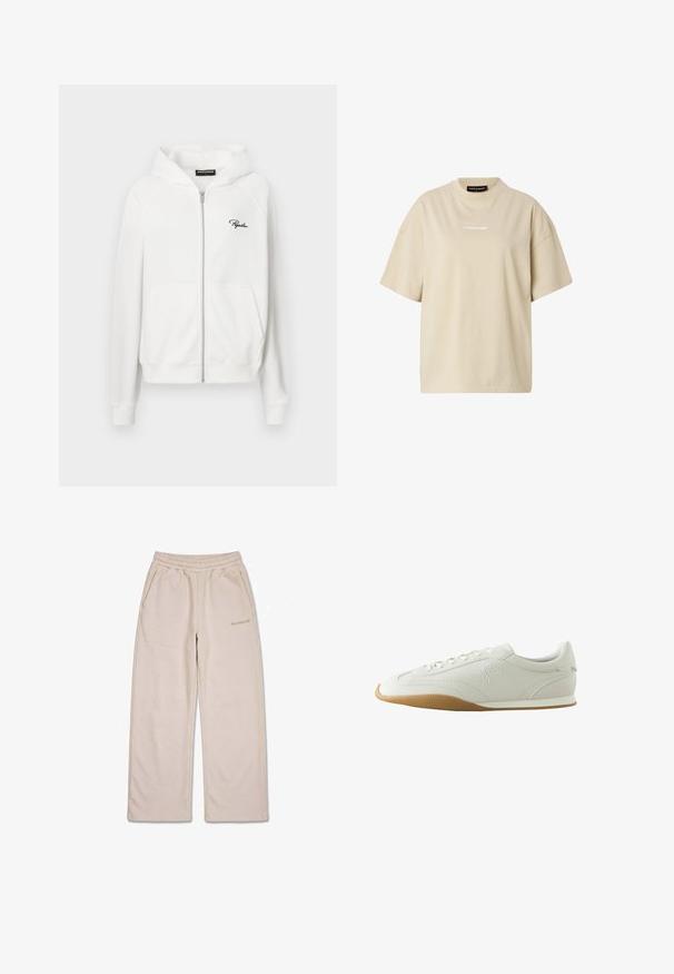 Witte zip-up hoodie met ribbeltextuur, trekkoordcapuchon en zijzakken. Bevat een klein zwart "P" logo op de linkerborst.; Beige oversized T-shirt met korte mouwen, ronde hals en een klein wit "REGARD" logo in het midden van de borst.; Beige sweatpants met wijde pijpen, elastische tailleband en zijzakken, met een klein geborduurd merklogo op de rechterdij.; Witte lage sneaker met bruine rubberen zool, stikseldetails, veterluiting aan de voorkant en geborduurd logo aan de zijkant.