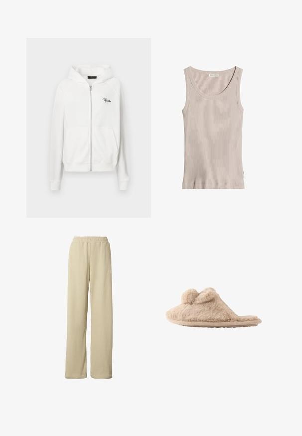 Witte zip-up hoodie met ribbeltextuur, trekkoordcapuchon en zijzakken. Bevat een klein zwart "P" logo op de linkerborst.; Beige geribd mouwloos tanktopje met ronde hals, zichtbaar merklabel binnenin de kraag en een klein zijlabel op een effen witte achtergrond.; Beige geribbelde wijde broek met elastische tailleband en subtiel klein wit logo op de bovenkant van de dij.; Beige, pluizige instapslof met twee pompons bovenop en een platte zool, ontworpen voor binnenshuis gebruik.