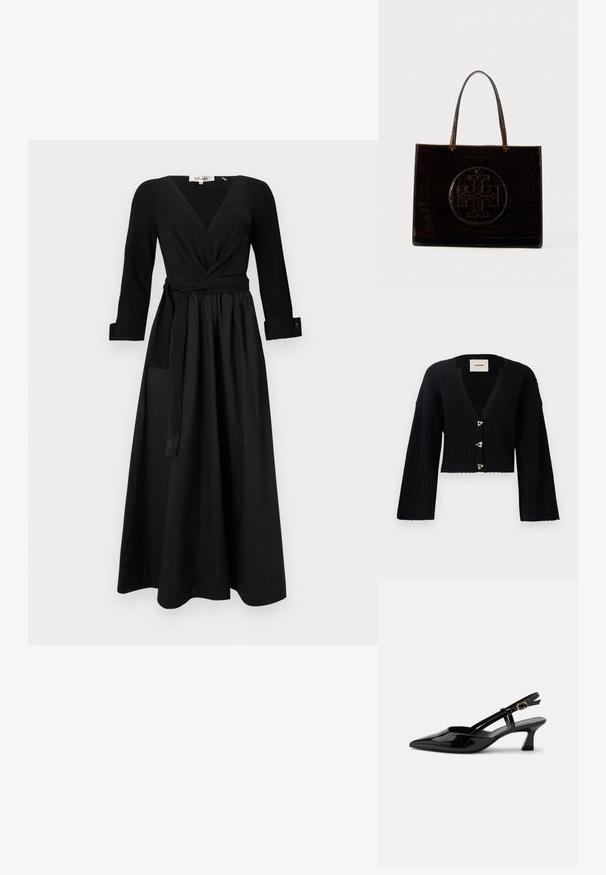 AERON MORROW - Cardigan - black; Sort lang kjole med V-hals, lange ærmer og en bundet talje. Lavet af glat stof med en fyldig skørt og manchetærmer.; Sort laklæderslingback med lille hæl, spids tå og justerbar guldlåsrem på hvid baggrund.; Mørkebrun læder tote taske med krokodillemønster og et stort, cirkulært præget logo på fronten, der har to håndtag.