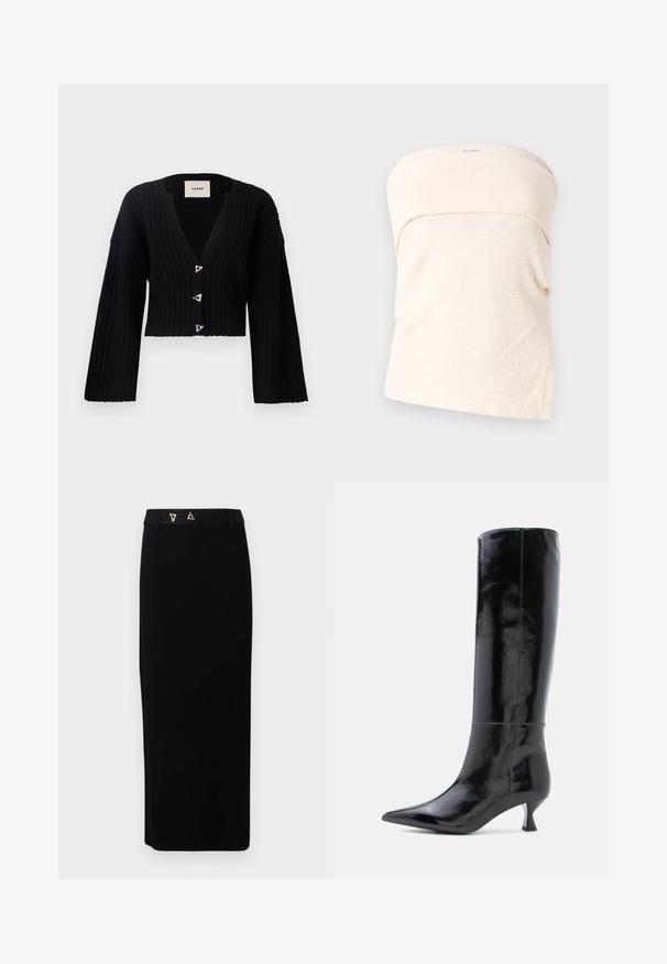 AERON MORROW - Cardigan - black; Lys beige stropløs top i struktureret stof, med et flettet design ved halsudskæringen og en løs pasform. Ingen lukninger eller yderligere detaljer.; AERON FORUM - Pencil skirt - black; Sorte læderknæhøje støvler med en glansfuld finish, spids tå og en lille, firkantet hæl. Glat tekstur, minimal syning.
