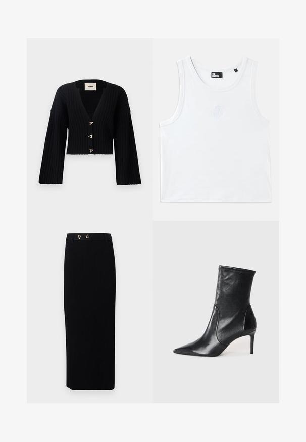 AERON MORROW - Cardigan - black; Hvid tanktop lavet af bomuld, med rund halsudskæring, ærmehulder og et lille præget logo i midten foran. Glat tekstur.; AERON FORUM - Pencil skirt - black; Sorte ankelstøvler lavet af glat læder, med spids tå, tætsiddende skaft og en slank høj hæl. Minimalistisk design uden synligt hardware.