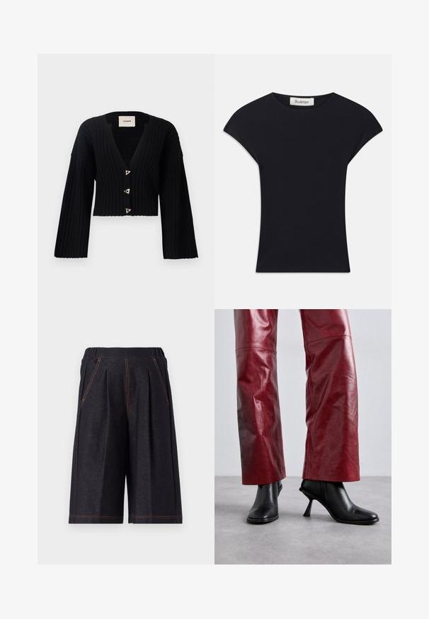 AERON MORROW - Cardigan - black; Sort kortærmet top lavet af blødt stof, med rund halsudskæring og en tætsiddende form med diskrete skulderdetaljer. Mærke synligt.; Mørkegrå shorts lavet af blødt stof, med folder og orange syninger som accent. Elastisk talje for komfort, knælængde design.; Sorte ankelstøvler med højhælede og spidse tæer, i en vinkelret design, parret med højtaljede røde læderbukser med et subtilt mønster.