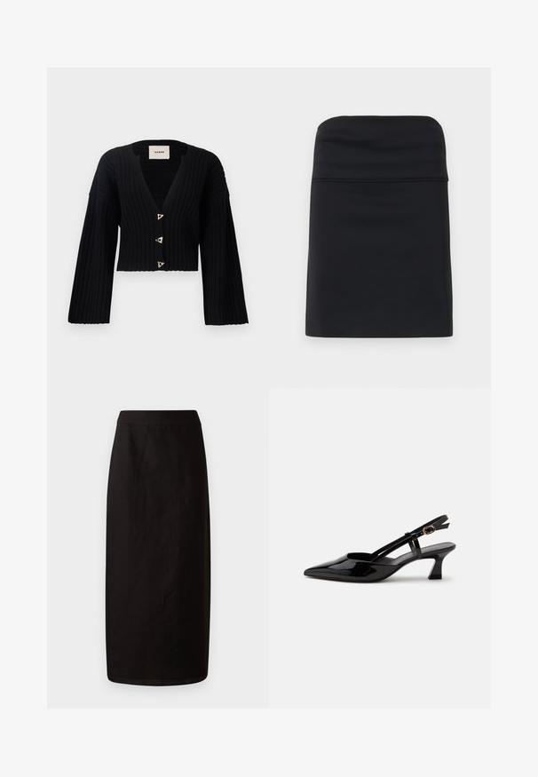 AERON MORROW - Vest - black; Zwarte aansluitende rok met een gladde textuur, gekenmerkt door een eenvoudig, strak ontwerp en een rechte silhouet. Geen zichtbare onderdelen of patronen.; Zwarte midi-rok van lichte stof. Kenmerkt zich door een rechte silhouet, een soepele textuur en een eenvoudige tailleband zonder versieringen.; Zwarte lakleren slingback kitten heel schoen met spitse neus en verstelbare gouden gespsluiting op een witte achtergrond.