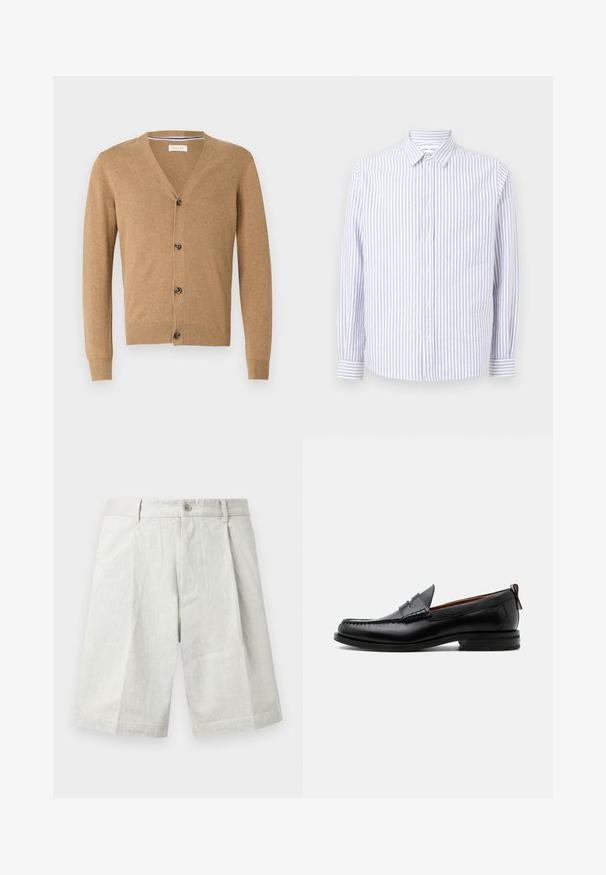 Cardigan beige en matériau doux, avec un col en V, une fermeture à bouton, des manches longues et des poignets et un ourlet côtelés.; Chemise à rayures bleu clair et blanche. Dotée d'un col pointu, de manches longues et d'une poche poitrine unique. Tissu en coton.; Shorts gris clair en tissu texturé, dotés d'une fermeture à bouton, de plis et d'une coupe droite, adaptés à une tenue décontractée.; Mocassin homme en cuir noir avec couture moc toe, bride penny, col texturé et petit talon empilé sur fond blanc.
