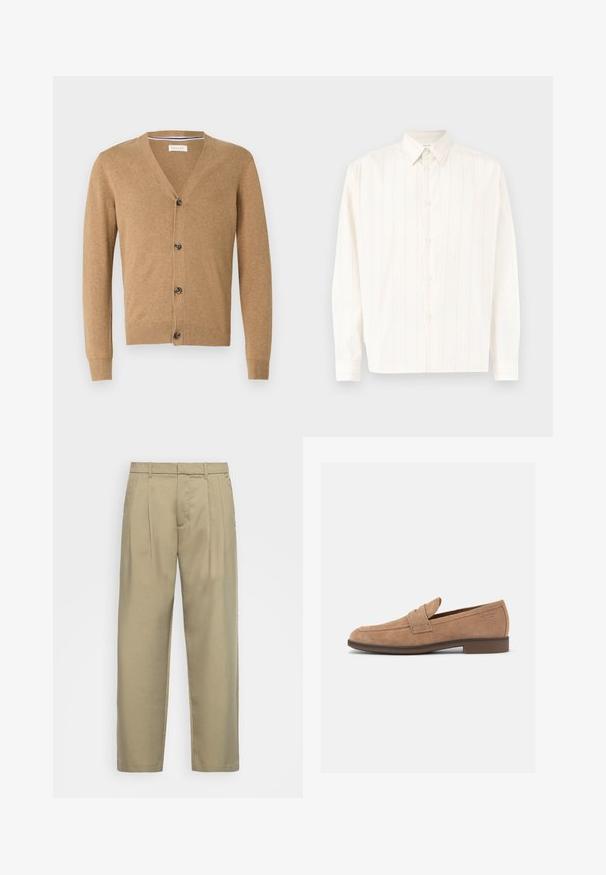 Cardigan beige en matériau doux, avec un col en V, une fermeture à bouton, des manches longues et des poignets et un ourlet côtelés.; Chemise blanche à manches longues avec des rayures verticales subtiles et un col pointu, posée à plat sur un fond clair.; Pantalons beiges taille haute avec une coupe droite, présentant un devant plat, des poches latérales et un tissu lisse au toucher.; Mocassin pour homme en daim marron clair avec talon bas, bout arrondi et détail d'une bride sur le dessus.