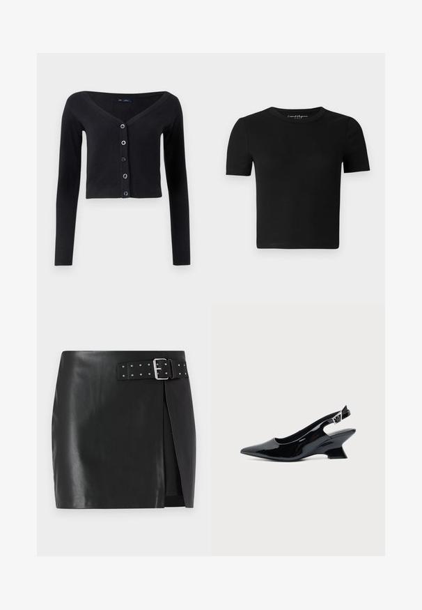 Cárdigan corto negro hecho de un suave material de punto, con mangas largas, escote en V y seis cierres de botón que presentan botones azules.; Camiseta ajustada negra con mangas cortas, textura acanalada y cuello redondo. Diseño simple, sin logotipos visibles ni adornos.; Minifalda de piel sintética negra con cinturón ajustable que presenta una hebilla de plata y detalles de tachuelas, diseño de envoltura frontal y textura suave.; Zapato slingback de cuero charol negro con puntera puntiaguda y tacón bajo en bloque inclinado sobre fondo claro liso.