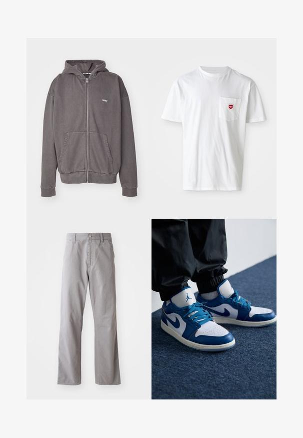Kapuzenpullover in Anthrazit mit Reißverschluss, aus Baumwolle. Verfügt über eine Kapuze, Fronttaschen und ein gesticktes Logo auf der Brust. Rippbündchen an den Ärmeln und am Saum.; Weißes Baumwoll-T-Shirt mit rundem Halsausschnitt und kurzen Ärmeln. Verfügt über ein kleines rotes Herzlogo auf der linken Brusttasche.; Graue Baumwollhosen mit geradem Bein, ausgestattet mit einem vorderen Knopfverschluss und Gürtelschlaufen. Glatte Textur und minimale Details.; Die Nike Air Jordan Sneakers verfügen über eine weiße Lederbasis mit blauen synthetischen Akzenten, einer perforierten Zehenbox und blauen Schnürsenkeln.