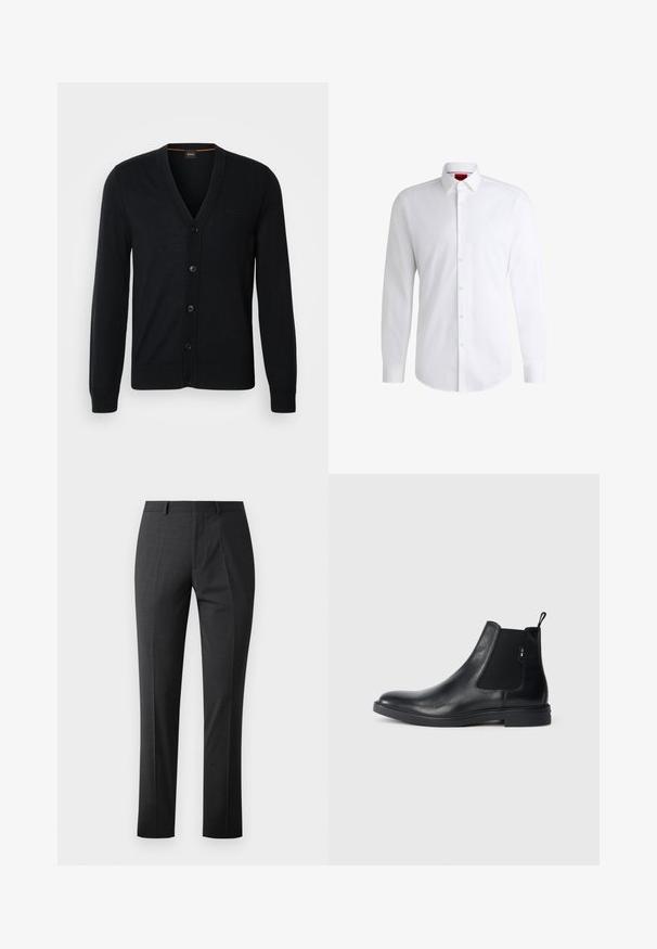 Sort strikket cardigan med V-hals, knaplukning og ribbede manchetter og nederkant. Subtil logo detalje på brystet.; Hvid skjorte med knapper lavet af glat stof med klassisk krave, lange ærmer og rundet kant. Har beige knapper foran.; Skræddersyede mørkegrå bukser med en glat tekstur, slim fit, flad front og standard talje. Har pressede folder og ingen synlige mønstre.; Sorte læder Chelsea støvler med elastiske sidepaneler, en pull-tab og en flad gummisål. Glat tekstur med minimal detaljer.