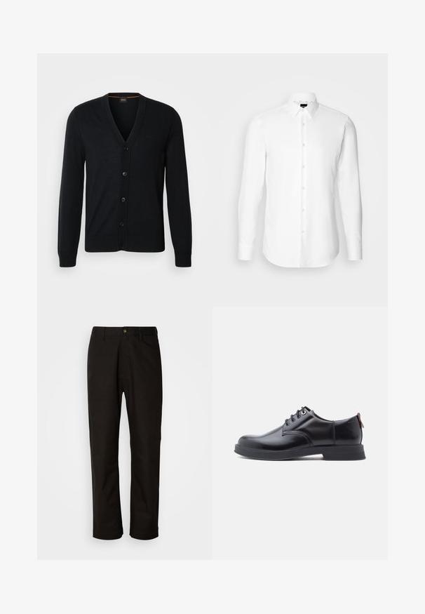Sort strikket cardigan med V-hals, knaplukning og ribbede manchetter og nederkant. Subtil logo detalje på brystet.; Hvid skjorte med lange ærmer, knaplukning foran, klassisk krave, lavet af glat stof med en subtil tekstur, designet til et tætsiddende udseende.; Sorte bomuldsbukser med lige pasform, bæltestropper, lynlås foran og en enkelt knappelukning. Glat tekstur uden synlige mønstre.; Sorte snørestøvler i læder med glat tekstur, rundet tå og diskrete syningsdetaljer. Har en rød trækflig på hælen.