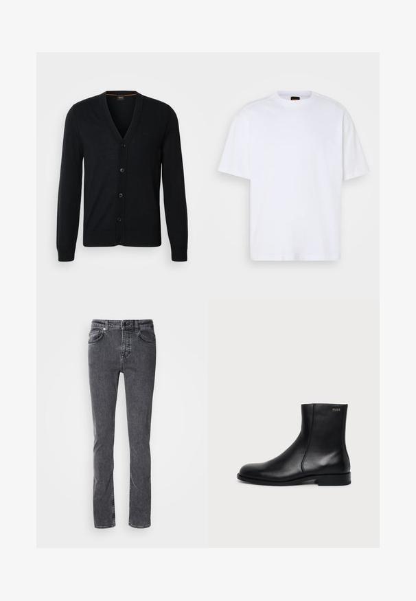Zwarte gebreide cardigan met een V-hals, knoopsluiting en geribde manchetten en zoom. Subtiel logo-ontwerp op de borst.; Witte katoenen T-shirt met ronde hals, korte mouwen en een ontspannen pasvorm. Heeft textuur op de schoudernaden voor extra detail.; Donkergrijze denim jeans, rechte pijpen, vijf zakken, contrasterende stiksels, ritssluiting en knoopsluiting. Geen zichtbare patronen of versieringen.; Zwarte leren enkellaars met lage hak, zijstiksels en klein "HUGO" logo op de bovenste boord tegen een effen achtergrond.