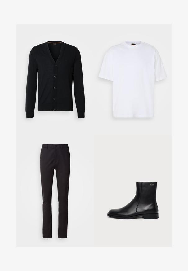 Zwarte gebreide cardigan met een V-hals, knoopsluiting en geribde manchetten en zoom. Subtiel logo-ontwerp op de borst.; Witte katoenen T-shirt met ronde hals, korte mouwen en een ontspannen pasvorm. Heeft textuur op de schoudernaden voor extra detail.; Zwarte broek met rechte pijpen, knoop aan de voorkant, riemlussen en zijzakken, getoond op een witte achtergrond.; Zwarte leren enkellaars met lage hak, zijstiksels en klein "HUGO" logo op de bovenste boord tegen een effen achtergrond.