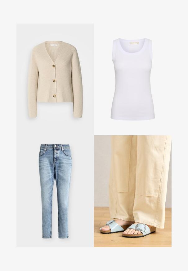 Beige, ribbet cardigan med V-hals, tre store gyldne knapper ned foran og lange ærmer. Blød tekstur og cropped design.; Hvid ribstrikket ærmeløs tanktop med rund halsudskæring, lille mærkat med mærke inden i kraven og tætsiddende pasform.; Lyseblå højtaljede jeans med to frontknapper, frontlommer og et slankt, lige ben.; Lysblå strandsandaler med en bred rem og sølvspænde, der har en tekstureret kork-sål og en sort gummiydersål.