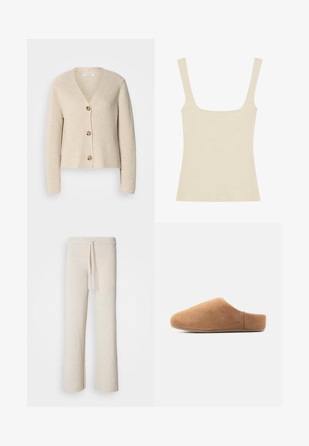 Beige, ribbet cardigan med V-hals, tre store gyldne knapper ned foran og lange ærmer. Blød tekstur og cropped design.; Ribbet tanktop i lys beige med firkantet halsudskæring og tynde skulderstropper, lavet af blødt og strækbart stof.; Beige brede bukser lavet af blødt stof, med en elastisk talje og snøre samt sideslidser i kanten.; Tan ruskind slip-on hjemmesko med lukket tå, åben hæl, flad sål og lille UGG-logo på siden, vist i profil.