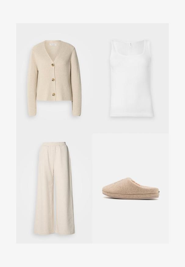 Beige, ribbet cardigan med V-hals, tre store gyldne knapper ned foran og lange ærmer. Blød tekstur og cropped design.; Hvid ribbet tanktop med rektangulær udskæring og brede skulderstropper. Stofmaterialet har en tekstureret, strækbar overflade.; Højtsiddende, vide bukser i lysebeige stof. Har en elastisk talje og sidelommer. Blød tekstur med et afslappet design.; Beige filtklip med lukket bag, rund tå, blød inderside og en tekstureret sål for godt greb. Minimalistisk design med subtile accenter.