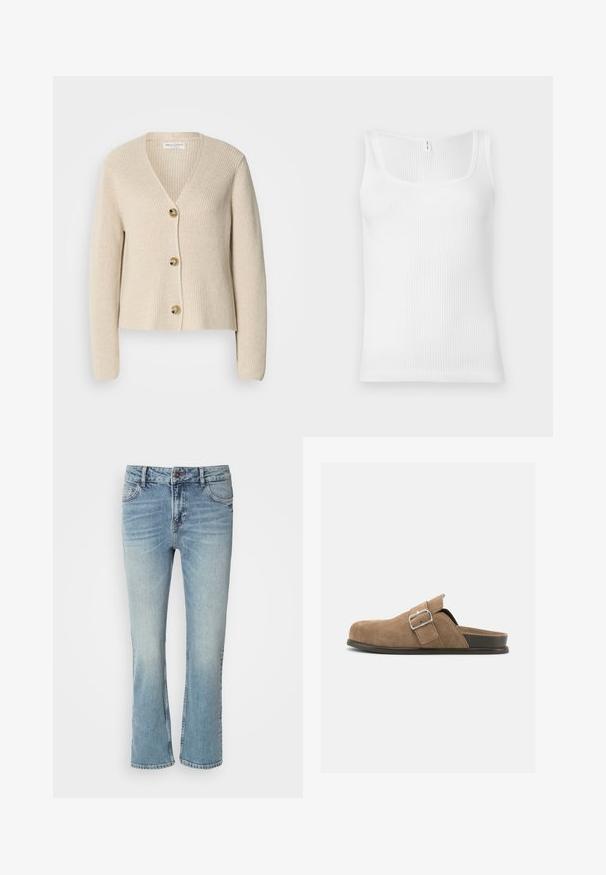 Beige, ribbet cardigan med V-hals, tre store gyldne knapper ned foran og lange ærmer. Blød tekstur og cropped design.; Hvid ribbet tanktop med rektangulær udskæring og brede skulderstropper. Stofmaterialet har en tekstureret, strækbar overflade.; Lys blå denimjeans med et lige ben-design, der har en knaplukning, fem lommer og slidte områder for en brugt effekt.; Brun ruskinds slip-on sko med sort sål og justerbar spænde-rem, set fra siden på en ens hvid baggrund.