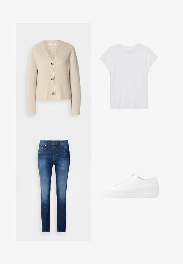 Beige, ribbet cardigan med V-hals, tre store gyldne knapper ned foran og lange ærmer. Blød tekstur og cropped design.; Hvid kortærmet t-shirt med rund hals, afslappet pasform, lavet af blødt bomuldsstof. Glat tekstur, ingen mønstre eller logoer.; Mørkeblå denimjeans med lige pasform, featuring lynlås, to forlommer og subtile falmede områder. Blød tekstur med minimal slid.; Hvide kanvas sneakers med lavt design, rund tå, seks snørehuller og en struktureret gummisål. Glat materiale med minimale detaljer.