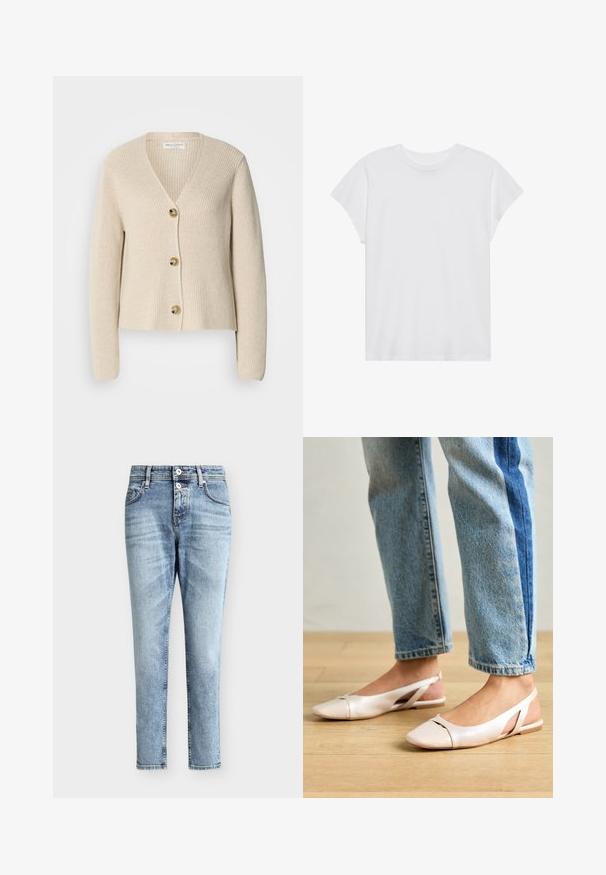 Beige, ribbet cardigan med V-hals, tre store gyldne knapper ned foran og lange ærmer. Blød tekstur og cropped design.; Hvid kortærmet t-shirt med rund hals, afslappet pasform, lavet af blødt bomuldsstof. Glat tekstur, ingen mønstre eller logoer.; Lyseblå højtaljede jeans med to frontknapper, frontlommer og et slankt, lige ben.; Lyserøde slingback flade sko med spidse tær, lavet af et glat læderlignende materiale. Har udskæringsdetaljer på siderne og en flad hæl.