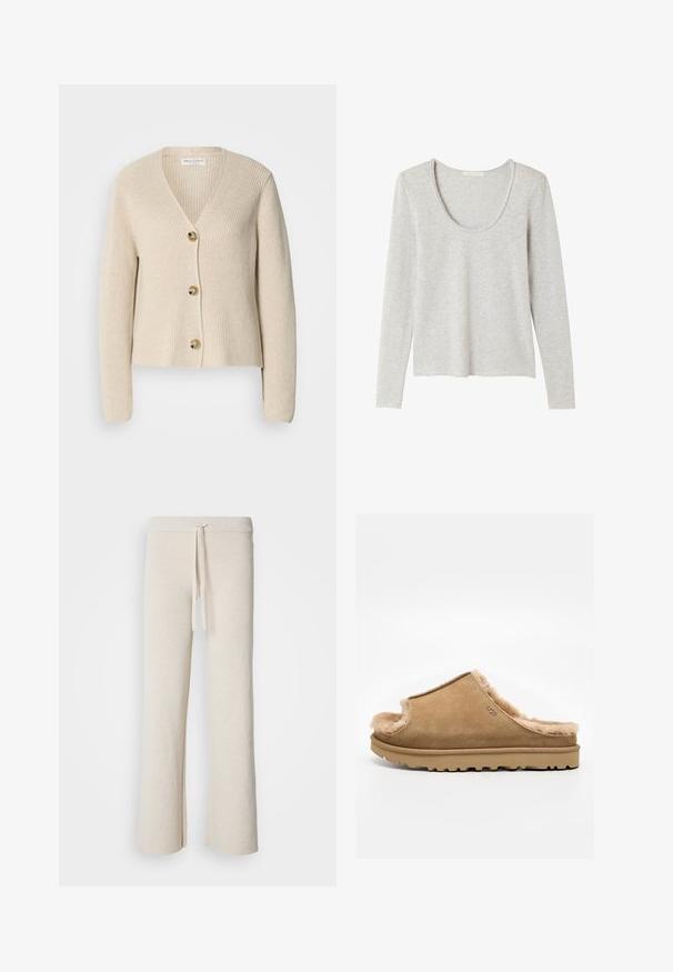 Beige, ribbet cardigan med V-hals, tre store gyldne knapper ned foran og lange ærmer. Blød tekstur og cropped design.; Lysegrå langærmet top lavet af blødt stof. Har en rund halsudskæring og en afslappet pasform. Lige kant, uden synlige mønstre eller beslag.; Beige brede bukser lavet af blødt stof, med en elastisk talje og snøre samt sideslidser i kanten.; Beige ruskind slip-on sutsko med blødt fleecefor og gummisål, med et side-UGG-logo på en ens hvid baggrund.