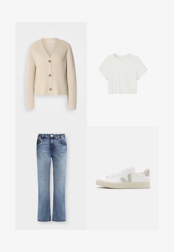 Cárdigan beige acanalado con escote en V, tres grandes botones dorados en la parte delantera y mangas largas. Textura suave y diseño corto.; Camiseta corta de manga corta, cuello redondo, color gris claro liso, extendida sobre un fondo blanco.; Vaqueros vaqueros azules con corte de pierna recta, cierre frontal con botón y cremallera, y estilo clásico de cinco bolsillos.; Zapatillas blancas de cuero con acentos en gris del logo V, suela de goma texturizada, cordones blancos y lengüeta y collar acolchados.