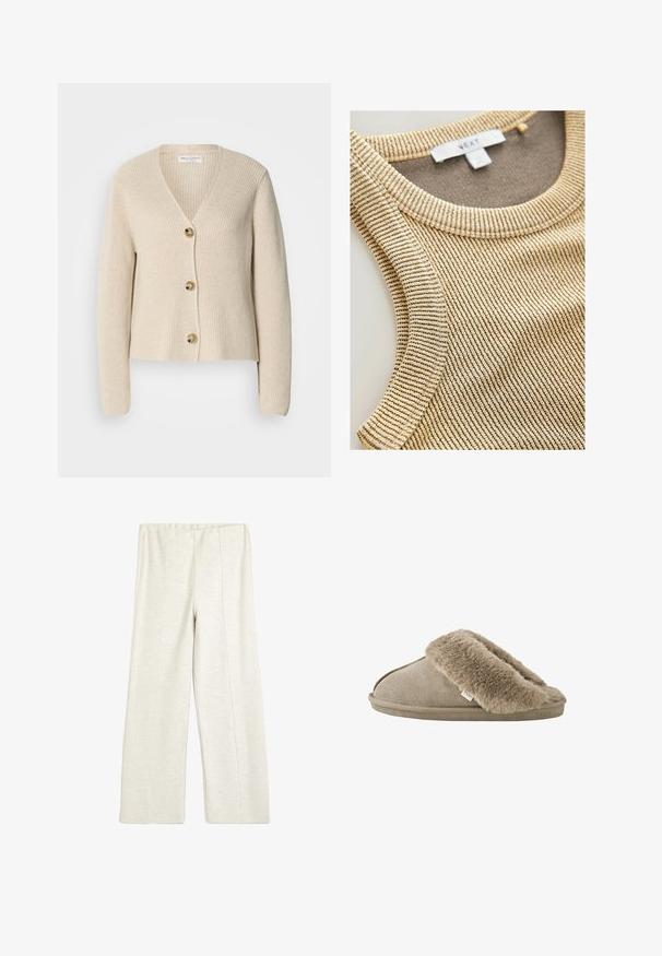 Beige, ribbet cardigan med V-hals, tre store gyldne knapper ned foran og lange ærmer. Blød tekstur og cropped design.; Beige ribbet tanktop med rund halsudskæring og tekstureret stof med subtile mørke striber. Label synlig inde i halsområdet.; Koton WIDE LEG - Træningsbukser - beige; Beige slip-on tøfler med blød, plyssede pelsforing omkring åbningen og en ydersål med ruskindslignende overflade.