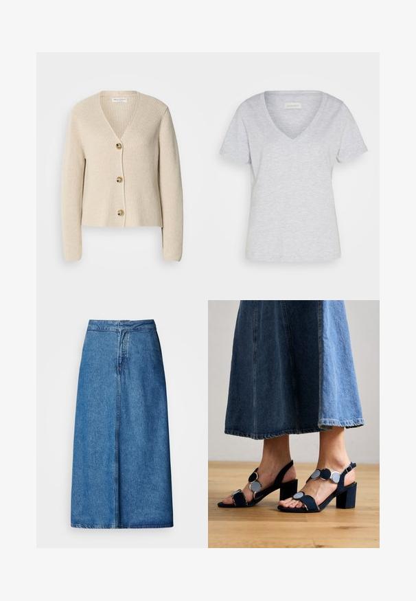 Beige, ribbet cardigan med V-hals, tre store gyldne knapper ned foran og lange ærmer. Blød tekstur og cropped design.; Lys grå bomuld T-shirt med V-udskæring og korte ærmer. Har en afslappet pasform og en subtil meleret tekstur.; Denim midi-nederdel med afslappet pasform, høj talje, frynset kant og ensfarvet blå. Enkel design uden synlige udsmykninger.; Marco Tozzi Sandaler - navy