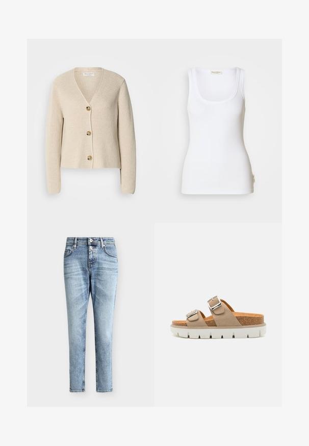 Beige, geribbelde cardigan met een V-hals, drie grote gouden knopen aan de voorkant en lange mouwen. Zachte textuur en een verkort ontwerp.; Witte geribbelde tanktop met een ronde halslijn en brede schouderbanden. Voorzien van een logolabel aan de zijkant van de zoom. Gemaakt van zachte, rekbare stof.; Lichtblauwe high-waisted spijkerbroek met twee knopen aan de voorkant, voorzakken en een slanke rechte pijp.; Beige slipper sandalen met twee verstelbare banden, kurken tussenzool en een witte rubberen buitenzool met een gestructureerd patroon.