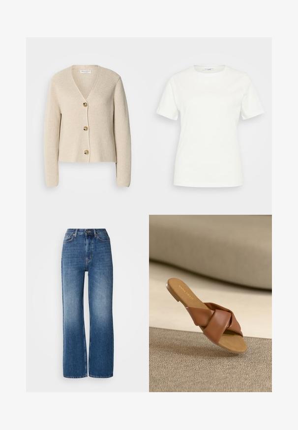 Beige, ribbet cardigan med V-hals, tre store gyldne knapper ned foran og lange ærmer. Blød tekstur og cropped design.; Hvid bomulds t-shirt med rund hals og kortærmede. Ingen markante mønstre eller detaljer er synlige på forsiden.; Højtaljede, brede blå denimjeans med en gradientvask, kobberstikninger, lukning med frontknap og fem lommer.; Brune faux læder slide sandal med et snoet overdel-design og en flad sål. "ANNA FIELD" er prægede på indersålen. Tekstureret beige baggrund.