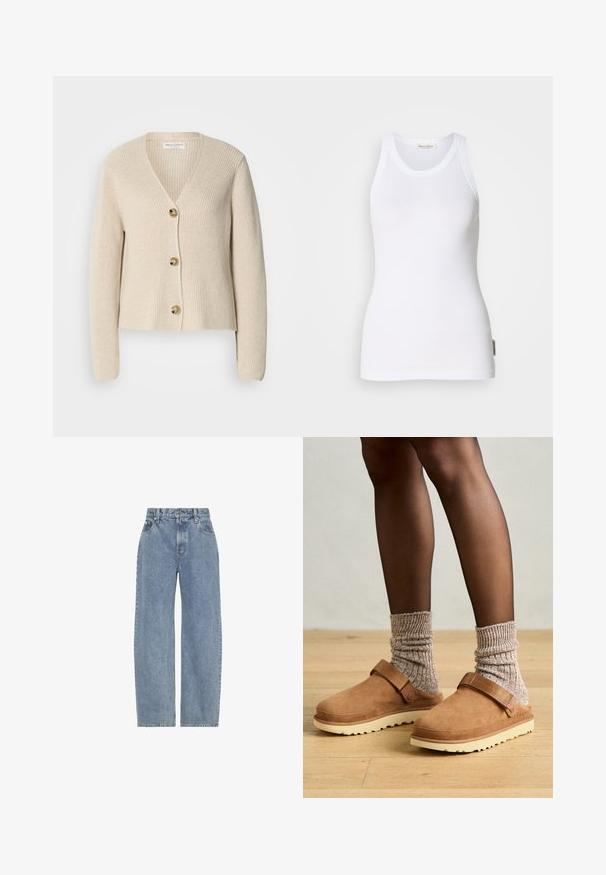 Beige, ribbet cardigan med V-hals, tre store gyldne knapper ned foran og lange ærmer. Blød tekstur og cropped design.; Hvid ærmeløs bomulds tanktop med rund hals, sømløse sider og et lille logo på nederste venstre side. Glat tekstur.; Lysblå jeans i høj talje med lige, brede ben, forlommer, bæltestropper og lukning med knap og lynlås.; Brune ruskindsklipklapper med en rem, cremefarvet gummisål og strukturerede grå strømpesokker. Gulvet er lyseget.