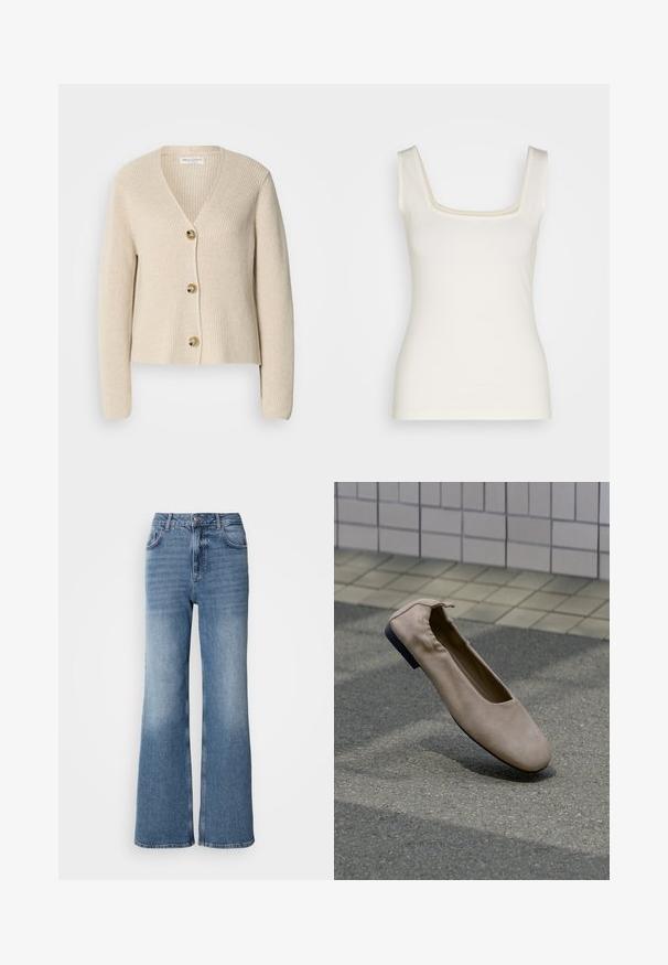 Cárdigan beige acanalado con escote en V, tres grandes botones dorados en la parte delantera y mangas largas. Textura suave y diseño corto.; Top sin mangas de color crema con escote cuadrado, tirantes finos y silueta ajustada. Confeccionado en una tela suave y elástica. Sin patrones ni adornos.; Mos Mosh MAI - Vaqueros rectos - blue wash; Zapato plano beige con puntera redonda y parte trasera elástica, flotando sobre una superficie de suelo con baldosas y pavimento.