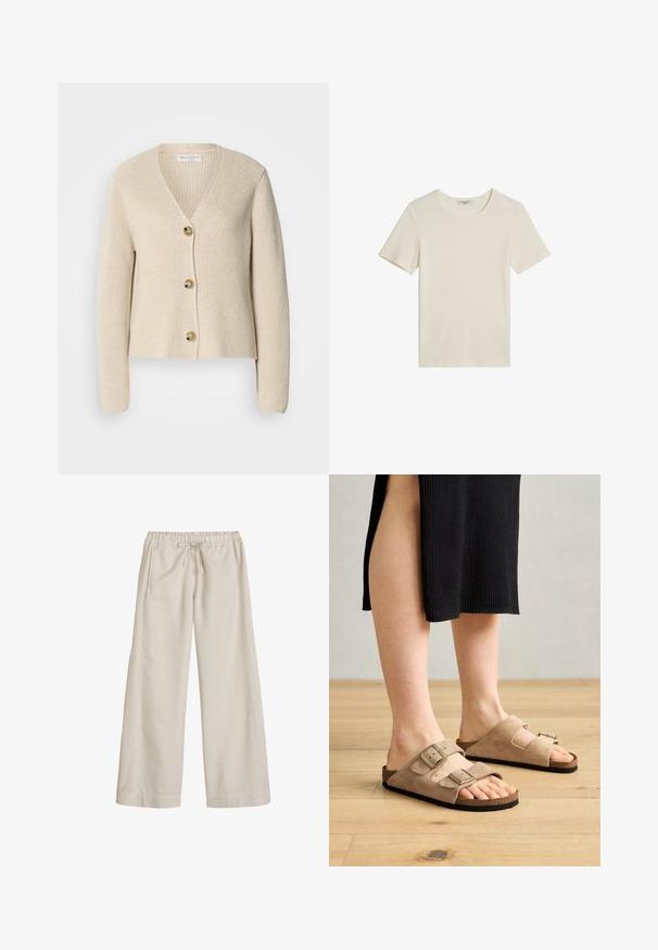 Cárdigan beige acanalado con escote en V, tres grandes botones dorados en la parte delantera y mangas largas. Textura suave y diseño corto.; Camiseta de manga corta y cuello redondo en color crema con una textura acanalada, colocada sobre una superficie blanca.; Pantalones beige de pierna ancha con cintura elástica y cordón, bolsillos delanteros y un ajuste relajado adecuado para uso casual.; Sandalias de ante beige con dos correas ajustables, plantilla de corcho y suelas de goma, exhibidas en pies sobre un fondo de suelo de madera.