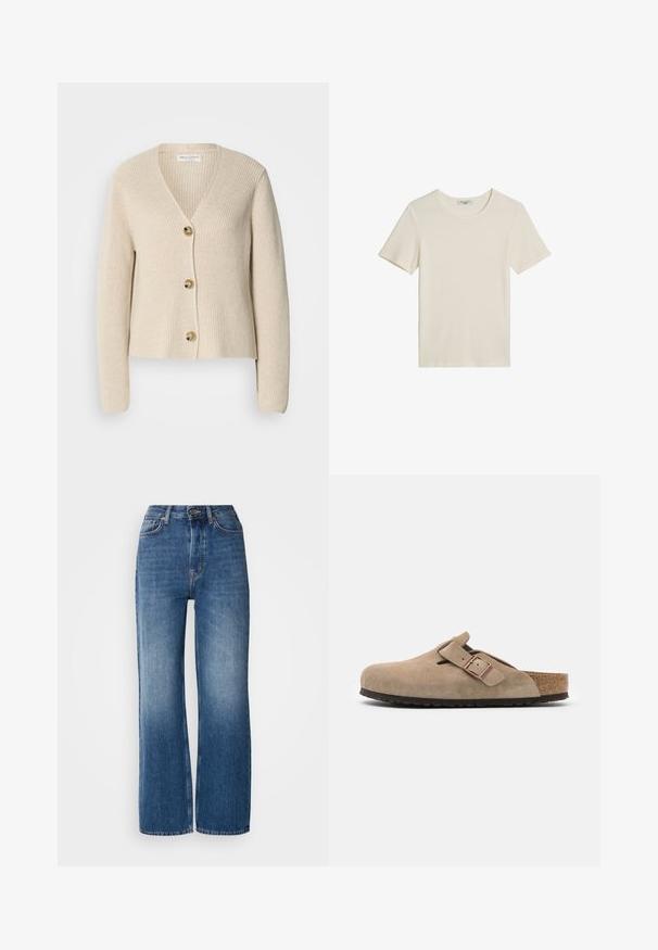 Beige, ribbet cardigan med V-hals, tre store gyldne knapper ned foran og lange ærmer. Blød tekstur og cropped design.; Kremfarvet t-shirt med korte ærmer og rund hals, med ribbet tekstur, lagt fladt på en hvid baggrund.; Højtaljede, brede blå denimjeans med en gradientvask, kobberstikninger, lukning med frontknap og fem lommer.; Birkenstock BOSTON SFB VL NARROW - Hjemmesko - taupe
