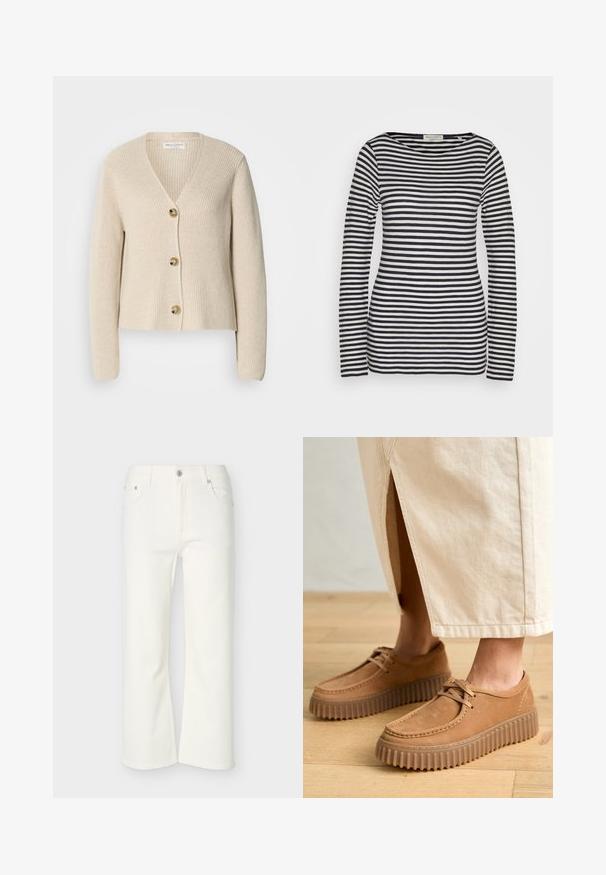 Cárdigan beige acanalado con escote en V, tres grandes botones dorados en la parte delantera y mangas largas. Textura suave y diseño corto.; Top de manga larga en algodón, con rayas horizontales en azul marino y blanco, cuello redondo, corte ajustado, con textura suave y diseño minimalista.; Vaqueros blancos acampanados y recortados con cierre frontal de botón y cremallera, trabillas para cinturón, y bolsillos delanteros y traseros, mostrados sobre un fondo liso.; Zapatos de cuero marrón claro con una superficie texturada, puntera redonda y suelas gruesas y estriadas. Los cordones y los detalles de costura realzan el diseño.