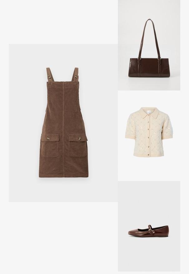 Cárdigan beige de punto con mangas cortas, cuello con solapa, lentejuelas decorativas y cierre frontal con botones. Detalles de puños y dobladillo acanalados.; Vestido de tirantes de pana marrón con tirantes ajustables, dos bolsillos frontales y una costura central. Tejido texturizado con un aspecto suave.; Bailarina de charol marrón con punta cuadrada y tira que presenta una pequeña hebilla dorada. Textura suave, tacón bajo y diseño minimalista.; Bolso de mano de piel sintética marrón con forma rectangular, dos asas largas y sutiles acentos curvados en la parte delantera.