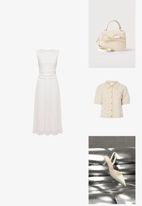 Cárdigan beige de punto con mangas cortas, cuello con solapa, lentejuelas decorativas y cierre frontal con botones. Detalles de puños y dobladillo acanalados.; Vestido blanco sin mangas con corpiño ajustado y falda larga plisada, exhibido sobre un fondo blanco liso.; Zapato de tacón alto blanco con punta fina y tira trasera apoyado sobre una superficie brillante, plateada metálica y capitoné.; Pequeño bolso beige con asa superior, correa desmontable, solapa frontal y lazo decorativo horizontal sobre un fondo liso.