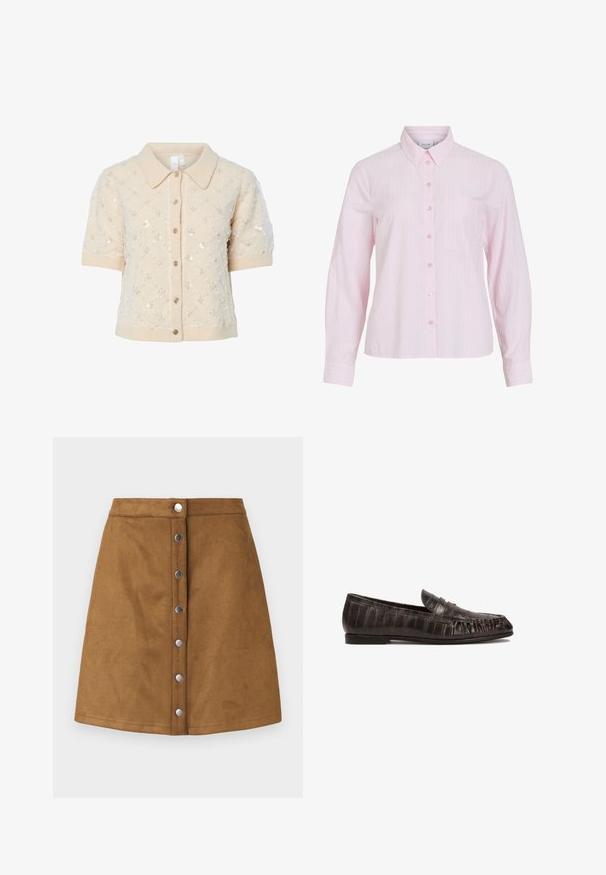 Beige gebreid vest met korte mouwen, kraag, decoratieve pailletten en knoopsluiting aan de voorkant. Geribbelde manchetten en zoomdetail.; Lichtroze shirt met lange mouwen en verticale witte strepen, knoopsluiting aan de voorkant, kraag en een borstzak aan de linkerkant. Soepele katoenen stof.; Bruine suede A-lijn rok met een voorste knoopsluiting, voorzien van zilverkleurige metalen knopen en een gladde textuur.; Zwarte leren instappers met een gestructureerd, krokodillenachtig patroon, een ronde neus en een kleine, platte hak. Decoratieve band over de bovenkant.