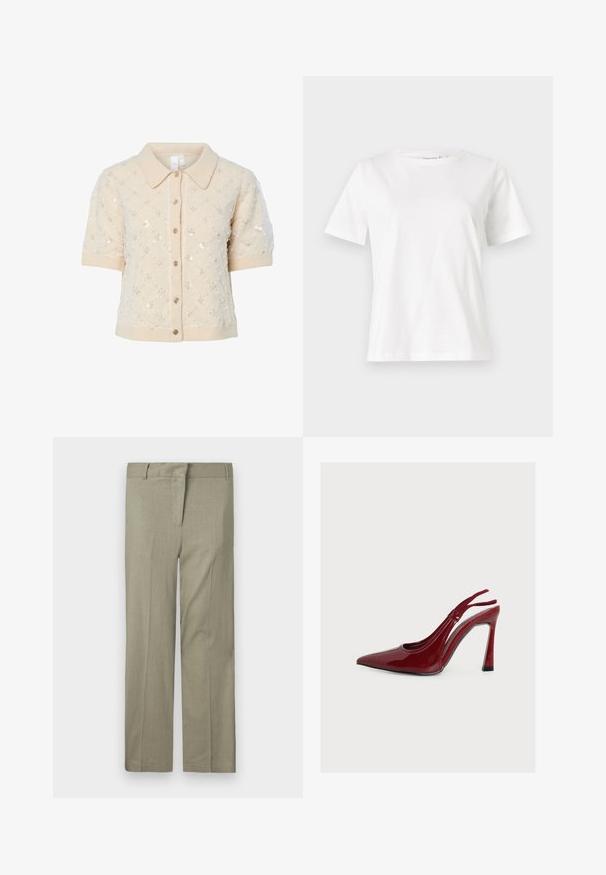 Beige gebreid vest met korte mouwen, kraag, decoratieve pailletten en knoopsluiting aan de voorkant. Geribbelde manchetten en zoomdetail.; Witte katoenen t-shirt met korte mouwen, ronde halslijn en een ontspannen pasvorm. Gladde textuur, geen patronen of accenten, minimalistisch ontwerp.; Licht olijfgroene broek, getailleerde pasvorm, met een vlakke voorkant, twee zijzakken en een gladde, gestructureerde stof. Geen zichtbare patronen of accenten.; Rode hooggehakte slingback schoen van lakleer met spitse neus en stilettohak, in profiel weergegeven op een effen witte achtergrond.