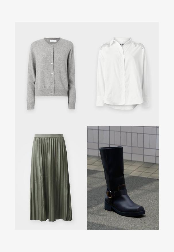 Grå cardigan lavet af blødt strikket materiale, med rund halsudskæring, lange ærmer og knaplukning hele vejen ned foran. Simpelt design.; Hvid skjorte med knaplukning, struktureret krave, lange ærmer og dekorative detaljer på skuldrene. Har en afslappet pasform og glat tekstur.; Plisseret midi-nederdel i dæmpet grøn, lavet af glat stof. Har en elastisk talje og falder til midt på læggen med jævnt fordelte lodrette plisseringer.; Sort midt på læggen læderstøvle med lav hæl og dekorativ rem med metalspænde, stående på en grå belagt overflade nær en flisevæg.