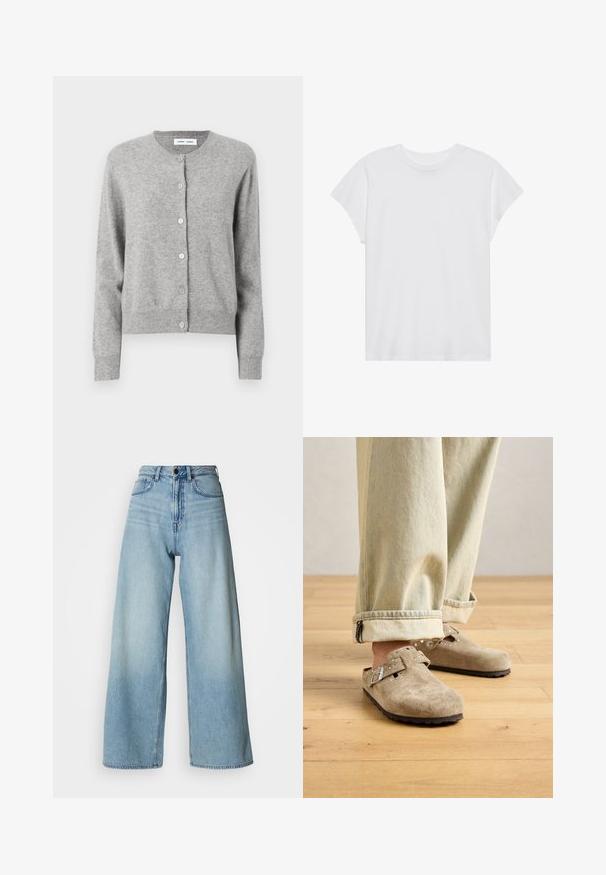 Cardigan gris en matériau tricoté doux, avec un col rond, des manches longues et une fermeture à boutons à l'avant. Design simple.; T-shirt blanc à manches courtes, col rond, coupe décontractée, en tissu de coton doux. Texture lisse, sans motifs ni logos.; Jean bleu clair de style taille haute à jambes larges, en denim, avec un design à cinq poches et un délavage subtil pour la texture.; Sabots en daim beige clair à enfiler avec des détails en boucle en métal et des clous, portés avec un jean délavé retroussé sur un parquet en bois.