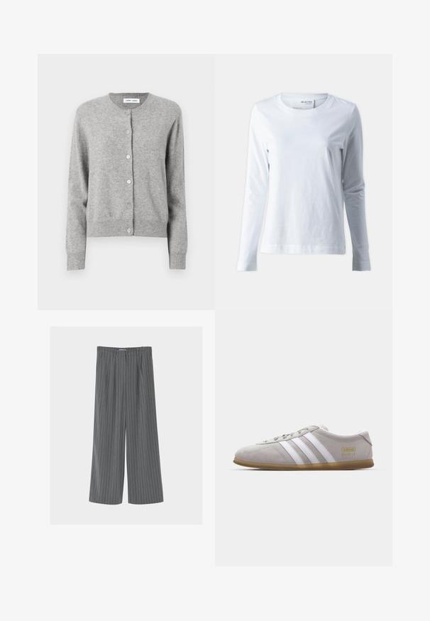Cardigan gris en matériau tricoté doux, avec un col rond, des manches longues et une fermeture à boutons à l'avant. Design simple.; T-shirt blanc à manches longues en coton doux. Il présente un col rond et des manches ajustées. Texture lisse avec un design uni.; Pantalon gris à jambes larges avec fines rayures verticales blanches, passants pour ceinture et plis à l'avant, présenté sur un fond uni.; Baskets en daim gris avec des rayures en cuir blanc et un logo doré. Semelle en gomme plate, bout rond et design classique à lacets.
