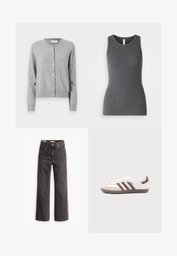 Grå cardigan lavet af blødt strikket materiale, med rund halsudskæring, lange ærmer og knaplukning hele vejen ned foran. Simpelt design.; Grå ærmeløs tanktop lavet af ribbet materiale; har en rund halsudskæring og et tætsiddende design. Ingen mønstre eller yderligere detaljer.; Højtaljede, vide jeans i mørkegrå denim, med forlommer, kontrastfarvede kobbernitter og en ren finish uden pynt.; Hvid Adidas Samba sneaker med brune ruskindstriber, brun gummisål og beige ruskindståhætte, vist fra ydersiden på en ensfarvet baggrund.